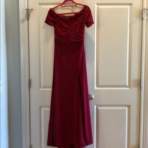 Formal/ prom/ bridesmaid. Wine/Burgundy Lace Top, Off Shoulder Dress